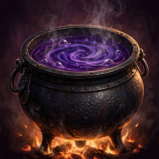 Hazel's great black iron cauldron, bubbling over its fire