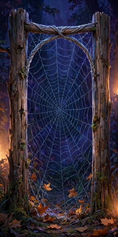 A door-shaped spiderweb woven between two fence posts, glistening in the moonlight
